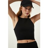 Happiness İstanbul Women's Black Barter Neck Crop Knitted Blouse Cene