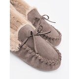 Shelvt Dark beige slippers with a bow and a fluffy moccasin interior | Shoptok.si