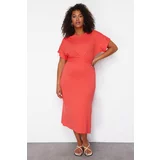 Trendyol Curve Red Straight Cut and Slit Knitted Dress with Tie Detail