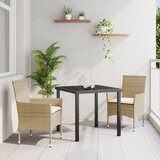 vidaXL 3-dijelni set za objedovanje u vrtu s jastučićima bež poli ratan, Crni vrtni stol 80x80x73 cm od kaljenog stakla | shoptok.hr