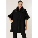 By Saygı Furry Collar And Sleeve Ends With Zipper In The Front Bead Detailed Cachet Poncho Coat