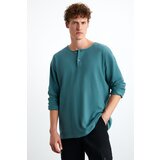 Grimelange Lorenzo Men's Special Rustic Texture 100% Organic Cotton Button Detailed Regular Green Sweatshir | ePonuda.com