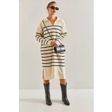 Bianco Lucci Women's V-Neck Striped Sweater Dress with Side Slits.