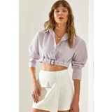 Bianco Lucci Women's Belt Detailed Striped Crop Shirt 4441