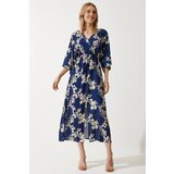  Women's Navy Blue Yellow Wrap Collar Patterned Summer Viscose Dress | Shoptok.si