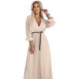 numoco basic 462-5 SERENA Pleated maxi dress with neckline, belt and 3/4 sleeves - DARK BEIGE | Shoptok.si