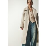  Women's Cream Double Breasted Neck Belted Oversize Cachet Coat | Eponuda.ba