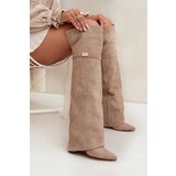 Boto Insulated boots with rolled-up shaft over the knee heel block beige Serelle | Shoptok.si