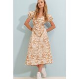 Trend Alaçatı Stili Women's Beige V-Neck Princess Sleeve Waist Decollete Floral Pattern Midi-Length Poplin Dress cene