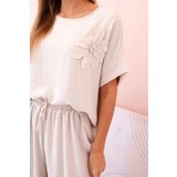 Kesi Włoski Women's viscose set with decorative flower and wide trousers dark beige | shoptok.hr