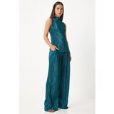 Happiness İstanbul Women's Dark Green Pleated Sleeveless Knitted Blouse Palazzo Pants Set | Shoptok.si