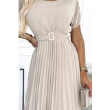 numoco basic 465-2 MIA Plisowana sukienka midi z szerokim paskiem - BEŻOWA | Shoptok.si
