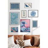 Wallxpert set od 8 uramljenih slika Çgs-058, plavi motivi – veliki talas u roze tonovima, cvetne šare, leptiri i porcelanski tanjir, crni ram | Eponuda.com