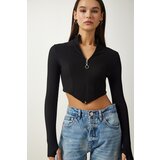 Happiness İstanbul Women's Black Zippered Turtleneck Crop Knitted Blouse Cene