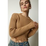 Happiness İstanbul Women's Biscuit Ripped Detail Knitwear Crop Sweater Cene