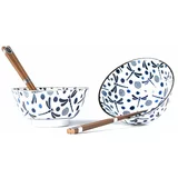 MIJ set od 2 plavo-bijele keramičke zdjele i štapića za jelo Blue Dragonfly