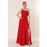 By Saygı Knitting Single Strap Waist Pleated Lined Long Dress with a Slit Red Cene