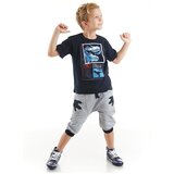 Mushi T-rex Info Boys' Navy Blue T-shirt with Gray Capri Shorts Summer Suit. | Shoptok.si