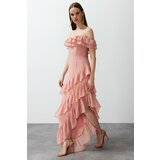 Trendyol Pale Pink Frilly Chiffon Long Evening Dress cene