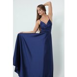 Lafaba Women's Navy Blue Evening Dress &; Prom Dress With Thread Straps and Waist Belt Satin Cene