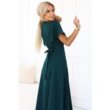 Numoco 581-8 JENNIFER long dress with a leg slit, sleeves and a neckline - bottle green | Shoptok.si