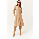 Olalook women's camel button detailed double breasted midi bell dress Cene