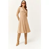 Olalook Women's Camel Button Detailed Double Breasted Midi Bell Dress