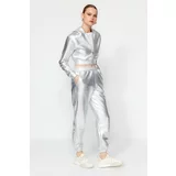 Trendyol Gray Foil Printed Fleece High Waist Knitted Sweatpants
