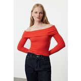 Trendyol Red Carmen Collar Crop/Short Stretchy Knitted Blouse Cene