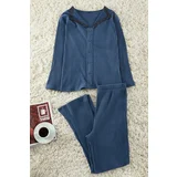 Trendyol Curve Navy Blue Corduroy Lace Knitted Pajamas Set