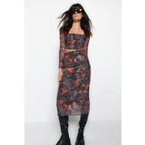 Trendyol Anthracite High Waist Printed Midi Stretchy Lined Tulle Knitted Skirt | Shoptok.si