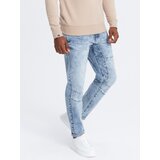Ombre Men's denim TAPER FIT pants with stitching and rolled up legs - blue Cene