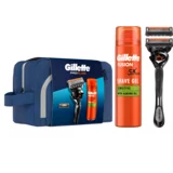 Gillette ProGlide Set brivnik Proglide 1 kos + nadomestne britvice Proglide 1 kos + gel za britje Fusion Shave Gel Sensitive 200 ml + kozmetična torbica za moške