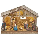 Božične jaslice lesene, 19 cm, 3x AA, notranje, topla bela, časovnik