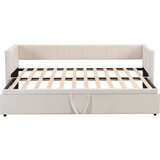 Lumor Vlečna postelja oblazinjena 90/180x200 cm - Kavč iz žameta z lesenimi letvicami - Bež, (22156027) | Shoptok.si