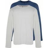 Trendyol Grey-Indigo Men 2-Pack 100% Cotton Long Sleeve Regular/Regular Cut Basic T-Shirt.