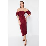 Trendyol burgundy sleeve detailed pleated knitted elegant evening dress Cene