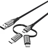 USB 2.0 A Male to 3-in-1 Micro-B USB-C Lightning Male Cable 1,5m, Gray