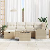 vidaXL Set vrtne sofe s jastučićima Bež poli ratan, Dvosjedna vrtna sofa s odlaganjem i jastučićima Bež poli ratan | shoptok.hr