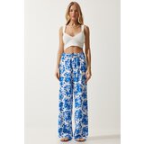  Women Ecru Blue High Waist Summer Wide Viscose Trousers | Shoptok.si