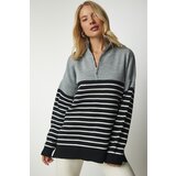 Happiness İstanbul Women's Gray Black Striped Zipper Stand Up Collar Knitwear Sweater Cene