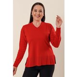 By Saygı V-neck Acrylic Sweater with Models with Sleeves and Slits in the Sides, Plus Size Coral. Cene