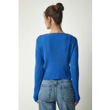  Women's Blue Ribbed Knitwear Crop Cardigan Suit | Eponuda.ba