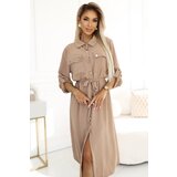 numoco basic 531-3 Midi shirt dress with gold buttons and ties - MOCHA MOUSSE | shoptok.hr