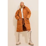 Trend Alaçatı Stili women's camel double pockets front double zipper hooded long puffer coat