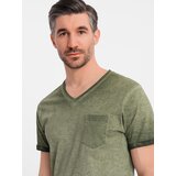 Ombre Men's cotton V-neck knit t-shirt with washed effect - olive | Shoptok.si
