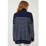  Women's Navy Blue White Zippered Stand Up Collar Striped Oversize Sweater | Shoptok.si