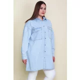 Şans Women's Plus Size Blue Loose Cut Snap Buttoned Oversize Denim Tunic Jacket