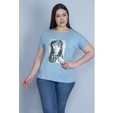 Şans Women's Plus Size Blue Lacquer Printed Low Sleeve Blouse Cene