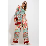 Trend Alaçatı Stili Women's Almond Green Kimono Jacket And Palazzo Pants Suit